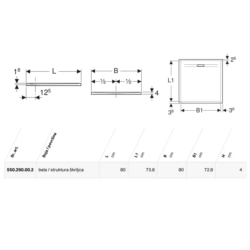 Geberit Sestra tuš kada 80×80 bela sa strukturom škriljca 550.290.00.2