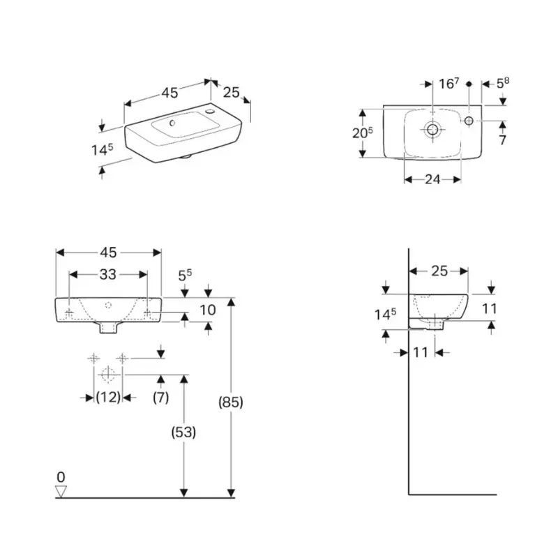 Geberit Selnova Compact mali zidni lavabo sa otvorom za slavinu desno 45 × 25 cm beli (500.318.01.1) - Slika 3