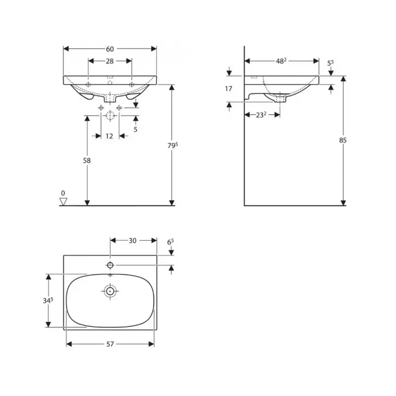 Geberit Acanto 500.620.01.2 beli zidni lavabo 60 × 48 cm sa otvorom za slavinu i prelivom