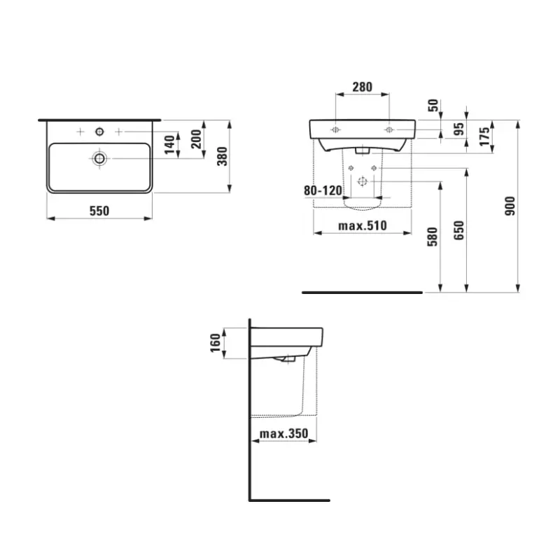 LAUFEN PRO S 18958 beli kompaktni zidni lavabo 55 × 38 cm sa centralnim otvorom za slavinu i prelivom