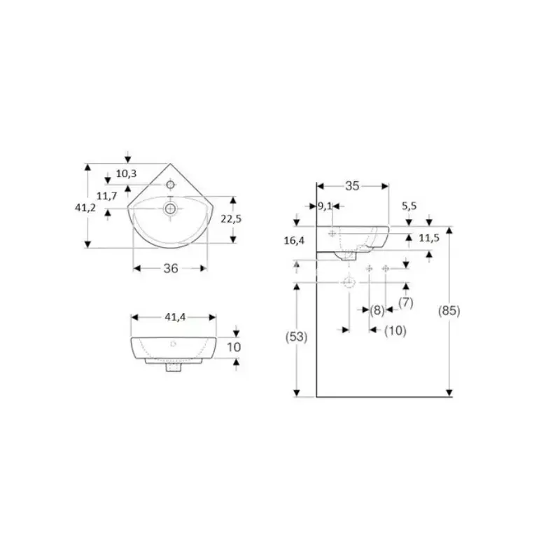 Geberit Selnova 500.326.01.1 beli ugaoni mali zidni lavabo sa otvorom za slavinu 41 × 41 cm