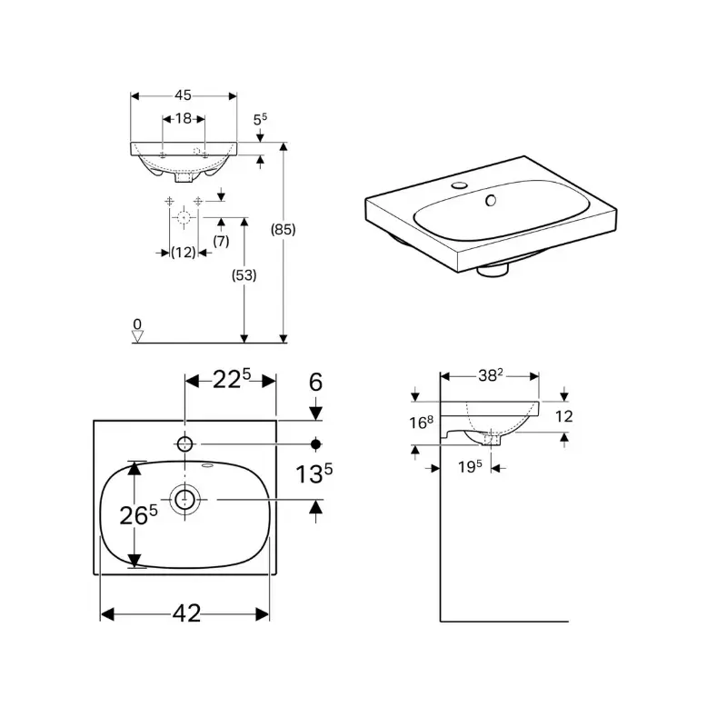 Geberit Acanto 500.636.01.2 beli zidni lavabo 45 × 38 cm sa centralnim otvorom za slavinu i prelivom