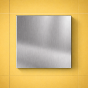 AWENTA PTI125 inox ravna dekorativna maska za ventilator montirana na žutom keramičkom zidu
