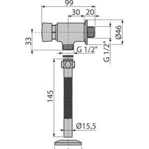 Dimenzije potisnog ugaonog ventila Alca G 1/2″ sa fleksibilnim priključkom Tehnički crtež Alca potisnog ugaonog ventila G 1/2" sa fleksibilnim priključkom