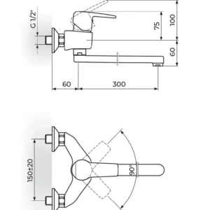 Rosan Cubo3 slavina za sudoperu JC32130 zidna izliv 300mm hrom