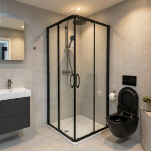Huppe X1 Black tuš kabina 80x80 sa crnim profilima u modernom kupatilu