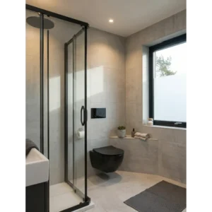 Huppe X1 Black tuš kabina sa crnim profilom u modernom kupatilu minimalističkog dizajna