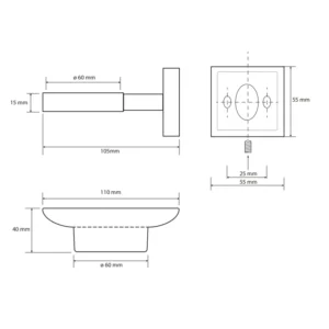 Tehnički crtež za BEMETA Beta držač sapuna 132108042 sa dimenzijama 11 × 5.5 × 12.9 cm, širina 11 cm, visina 5.5 cm, dubina 12.9 cm