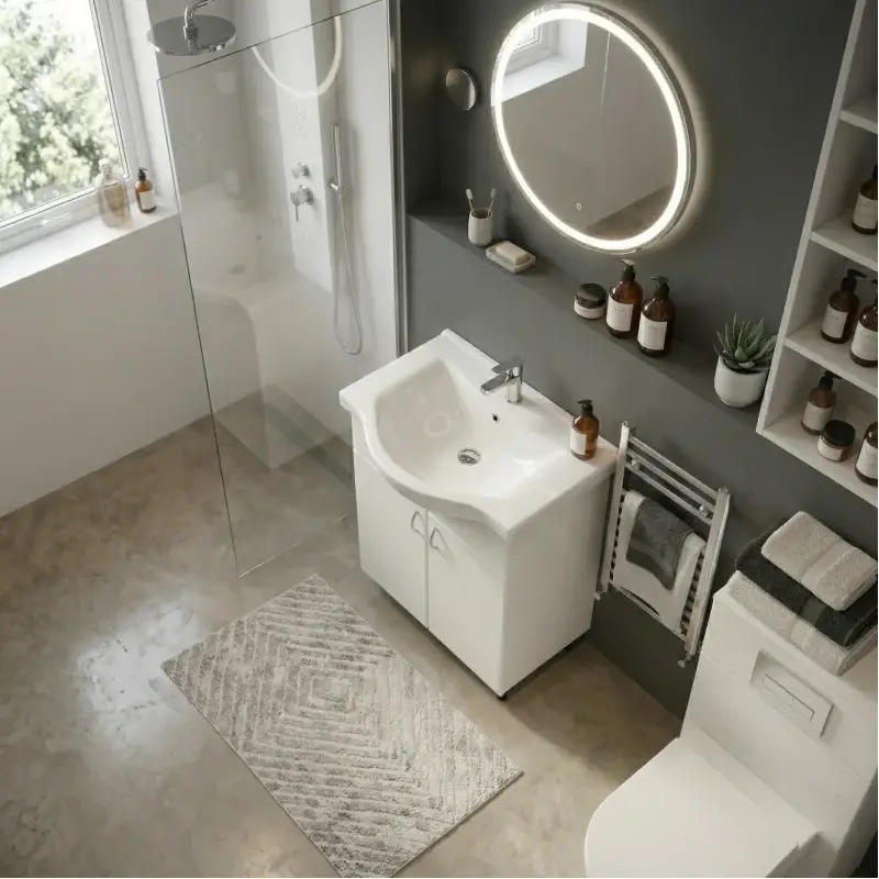 Lavabo sa ormarićem EKO 55 cm beli u modernom kupatilu sa tuš kabinom