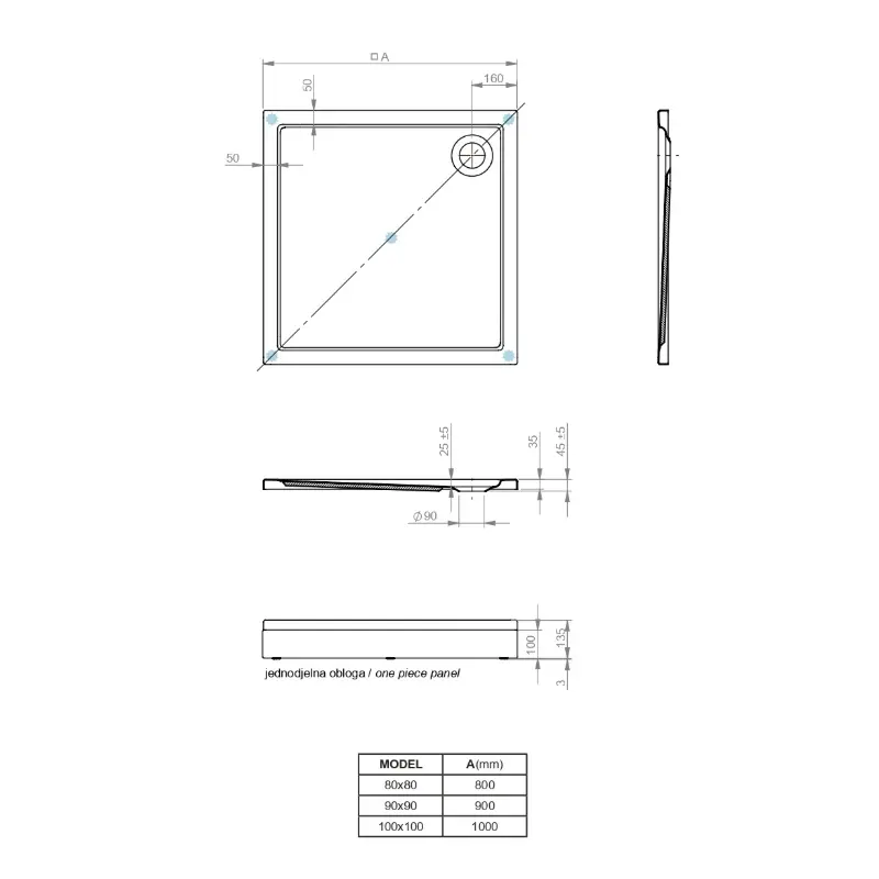 Aquaestil Teso tuš kada 90×90 cm bela akrilna šifra 6032060