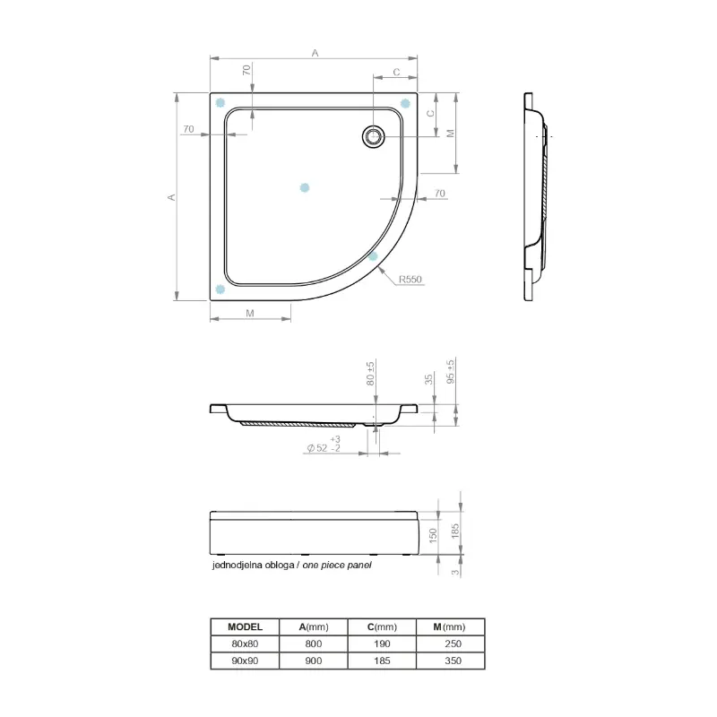 Aquaestil Projecta R90 tuš kada sa oblogom 90×90 cm bela akrilna šifra 6070038
