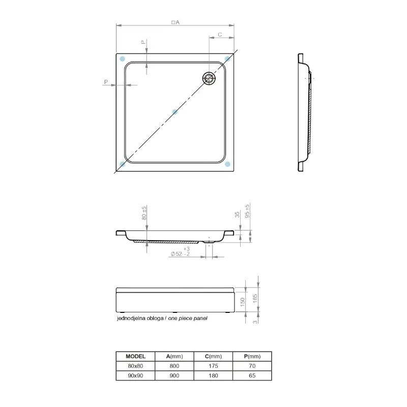 Aquaestil Projecta kvadratna tuš kada sa oblogom 90×90 cm bela akrilna šifra 6070028