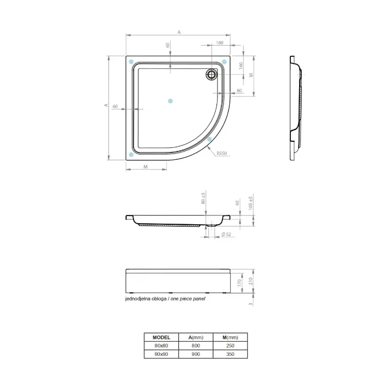 Aquaestil Lonja R90 polukružna tuš kada sa oblogom 90×90 cm bela akrilna šifra 6070030