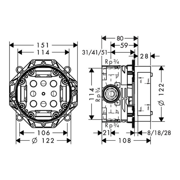 Tehnička šema sa dimenzijama za Hansgrohe iBox Universal 01800180