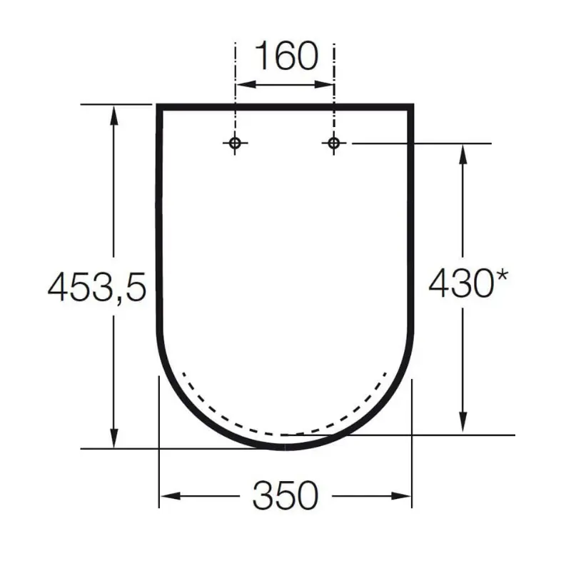 Tehnički prikaz ROCA The Gap WC daske A801472003 sa dimenzijama 35 × 45,35 cm i razmakom montažnih rupa 16 cm