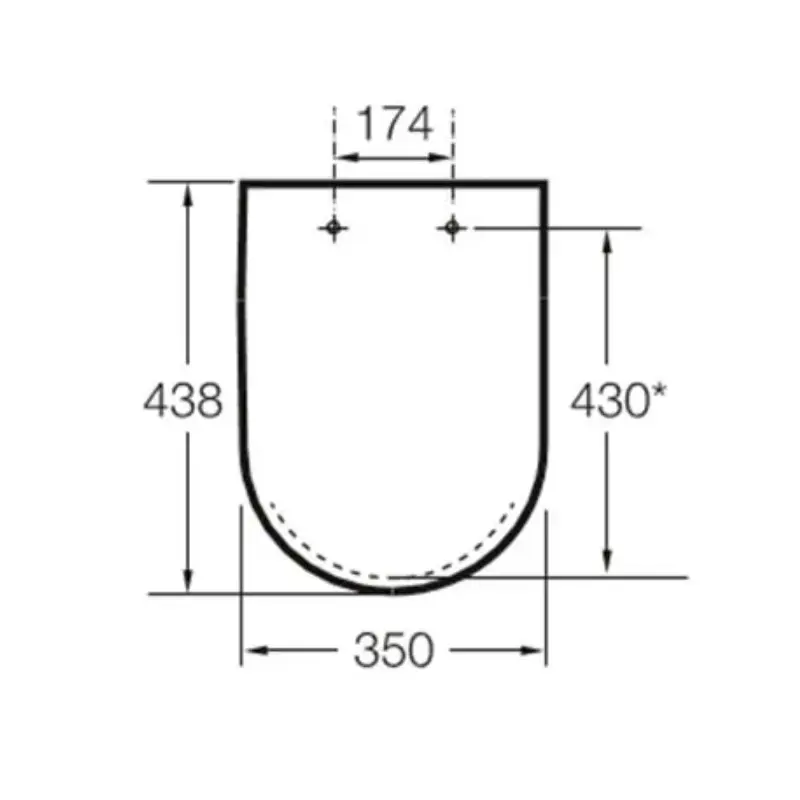 Tehnički prikaz ROCA Debba WC daske A8019D2004 sa dimenzijama 36,4 × 4,6 × 44,5 cm i razmakom rupa 16 cm