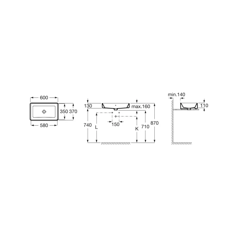 Roca The Gap Square A3270Y2000 nadgradni lavabo 60 × 37 cm bez otvora za slavinu