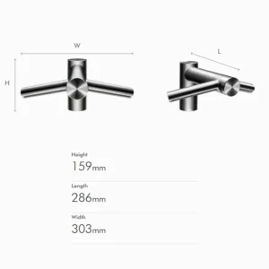 Tehnički crtež za DYSON Airblade Wash+Dry WD sa dimenzijama armature 31.2 × 30.3 cm i motornom jedinicom 26.6 × 14.2 × 18.9 cm