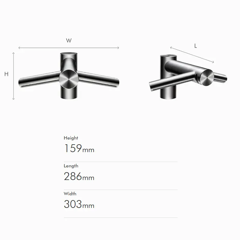 Tehnički crtež za DYSON Airblade Wash+Dry WD sa dimenzijama armature 31.2 × 30.3 cm i motornom jedinicom 26.6 × 14.2 × 18.9 cm
