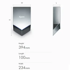 Tehnički crtež za DYSON Airblade V HU02-NICKEL sušač za ruke sa dimenzijama 23.4 × 39.4 × 10 cm, širina 23.4 cm, visina 39.4 cm, dubina 10 cm