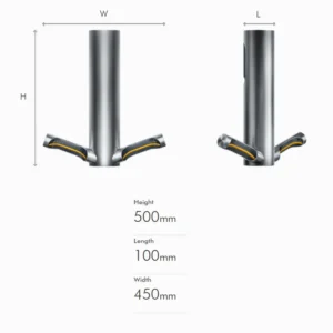 Tehnički crtež za DYSON Airblade 9kJ HU03 sušač za ruke sa dimenzijama 50 × 45 × 10 cm, širina 45 cm, visina 50 cm, dubina 10 cm