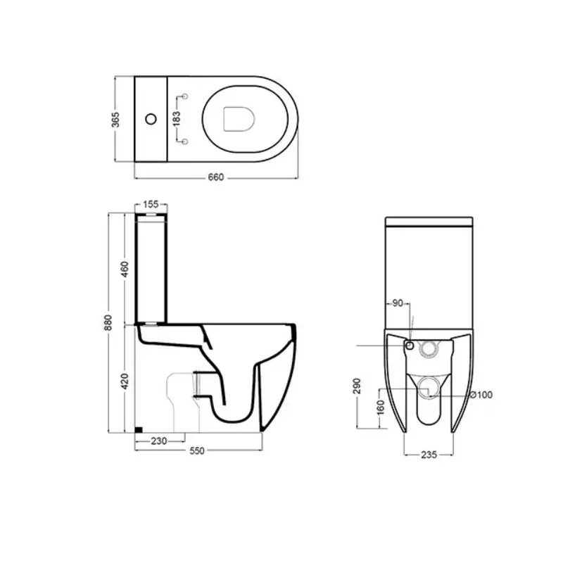 Tehnički crtež AXA Glomp monoblok WC šolje rimless, širina 36,5 cm, visina 88 cm, dubina 66 cm