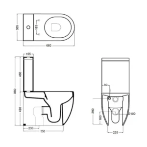 Tehnički crtež AXA Glomp monoblok WC šolje Tehnički crtež AXA Glomp monoblok WC šolje rimless, širina 36,5 cm, visina 88 cm, dubina 66 cm