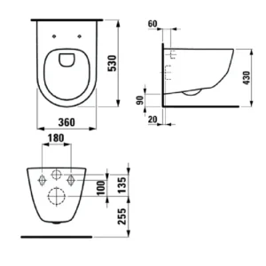 Tehnički prikaz TECEbase seta sa ugradnim vodokotlićem visine 112 cm, LAUFEN Pro WC šoljom dimenzija 36 × 34 × 53 cm i WC daskom 37 × 4,5 × 44,5 cm