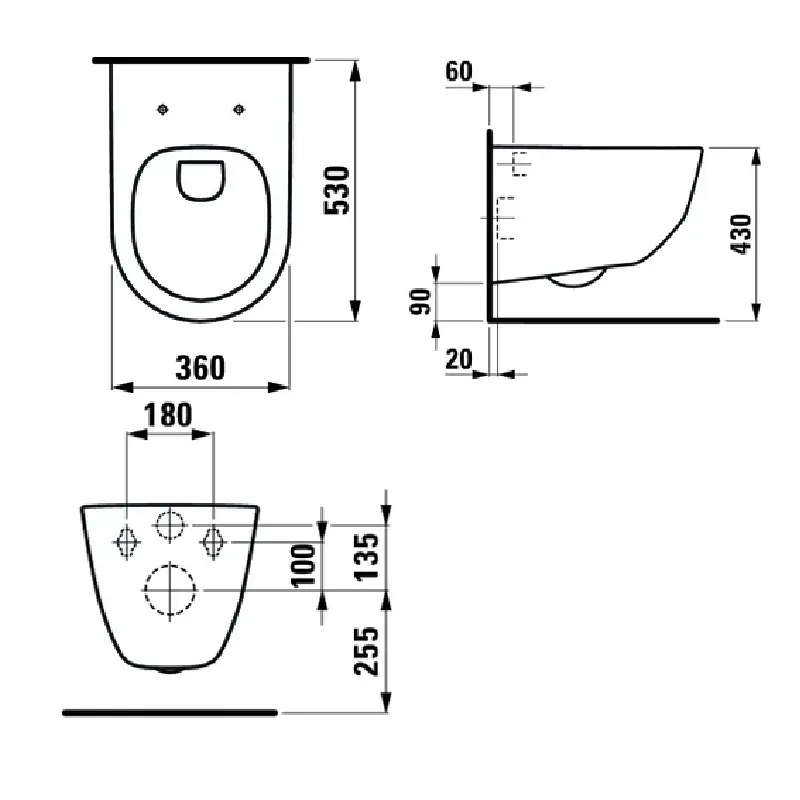 Tehnički prikaz TECEbase seta sa ugradnim vodokotlićem visine 112 cm, LAUFEN Pro WC šoljom dimenzija 36 × 34 × 53 cm i WC daskom 37 × 4,5 × 44,5 cm