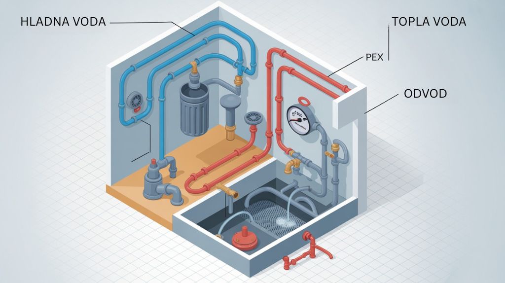 Isometrijski prikaz ključnih elemenata instalacije: plave cevi za hladnu, crvene PEX cevi za toplu vodu i sivi odvod, uz filter, ventile i manometar koji osiguravaju bezbedan pritisak i čist protok u domaćinstvu.