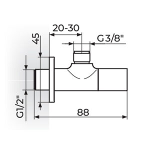 Tehnički crtež crnog ugaonog ventila G1/2" x G3/8"