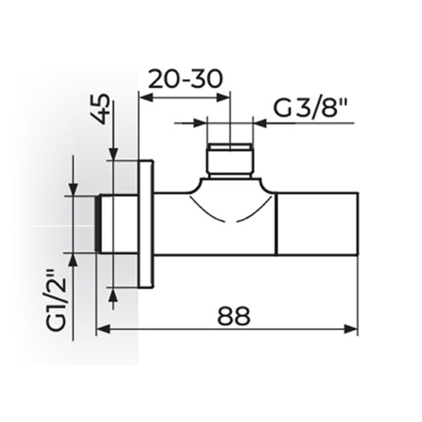 Tehnički crtež crnog ugaonog ventila G1/2" x G3/8"