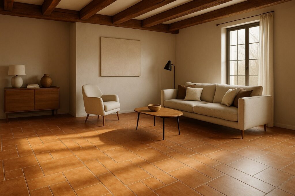 Rustični izgled dnevnog boravka uz pločice za dnevnu sobu u terakota stilu