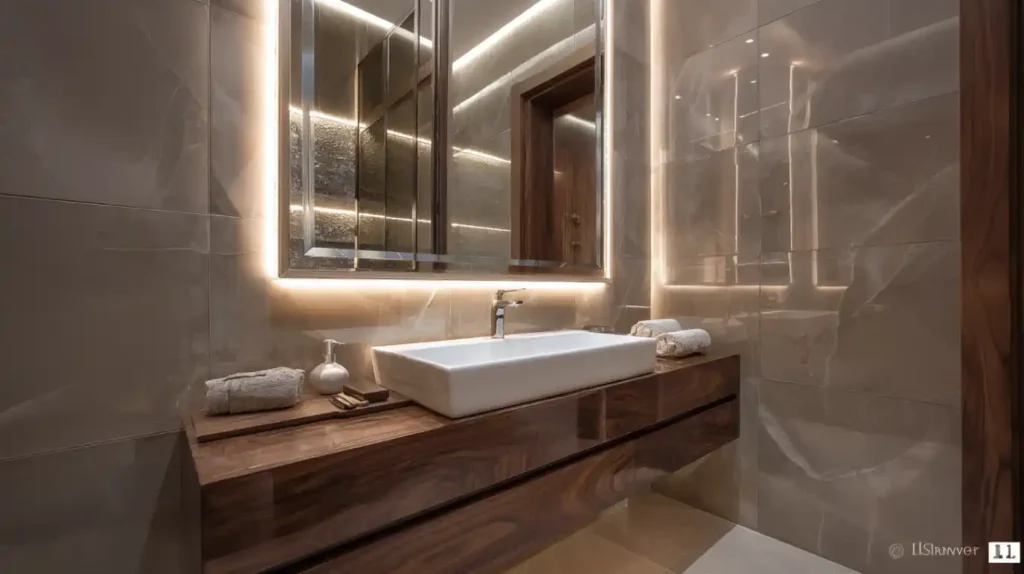 Lavabo sa ormaricem u modernom kupatilu iznad kojeg je led gledalo sa led osvetljenjem