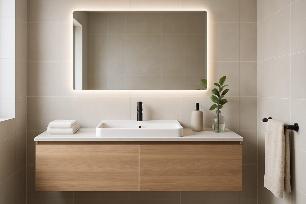 Kupatilski nameštaj i ogledalo u modernom kupatilu