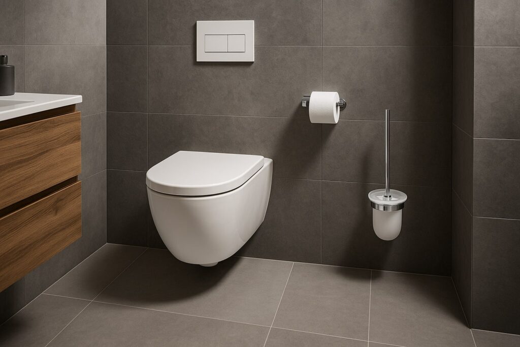 Uređeno kupatilo sa svim neophodnim elementima sa fokusom na zidnu četku za WC šolju