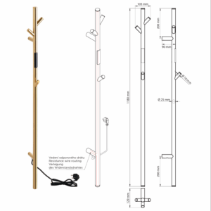Sušač za peškire (704153011) – zlatni električni model sa tehničkim crtežom