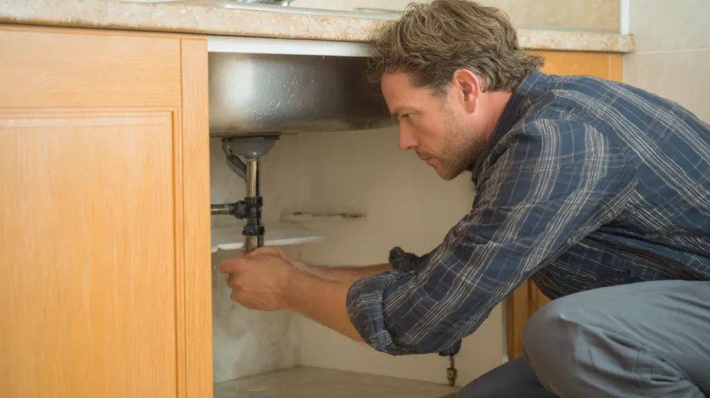 Covek koji ispod lavaba zatvara vodu