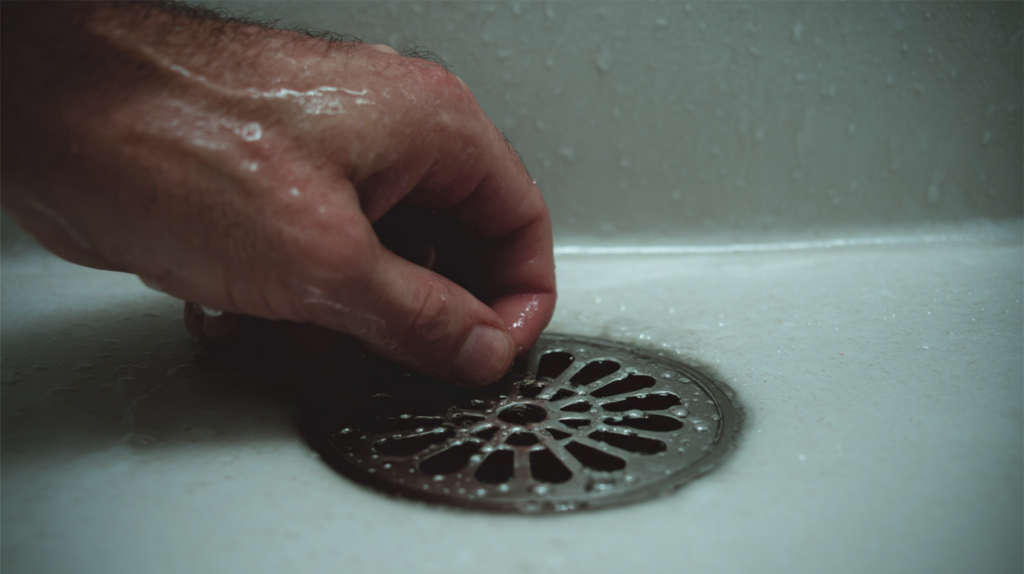 Ruka koja vadi dlake iz slivnika tus kabine