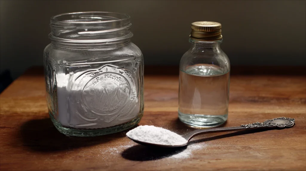 Soda bikarbona u kasici pored flasice sa sircetom