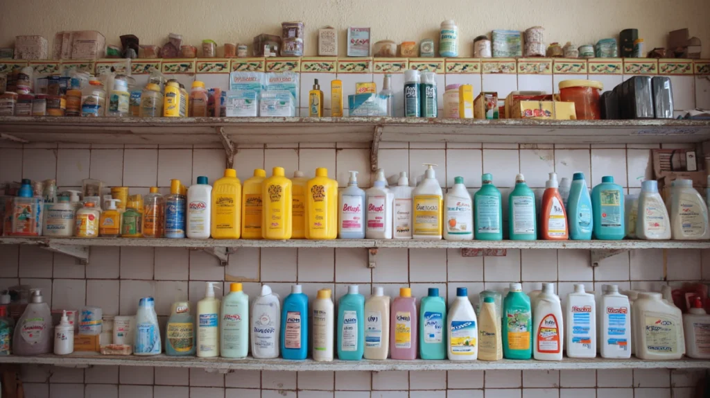 Polica na kojoj stoji gomila preparata za higijenu kupatila.