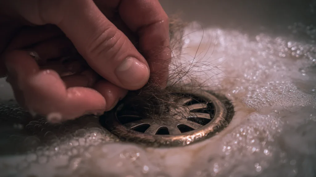 Ruka koja uklanja dlake iz slivnika tus kabine