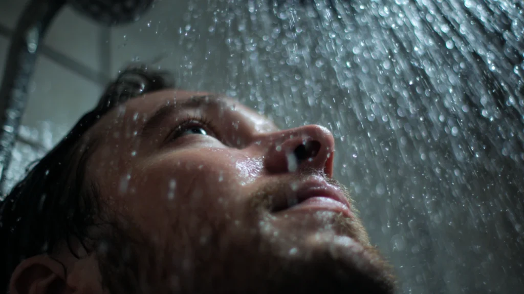 Covek koji se kupa ispod usponskig tusa