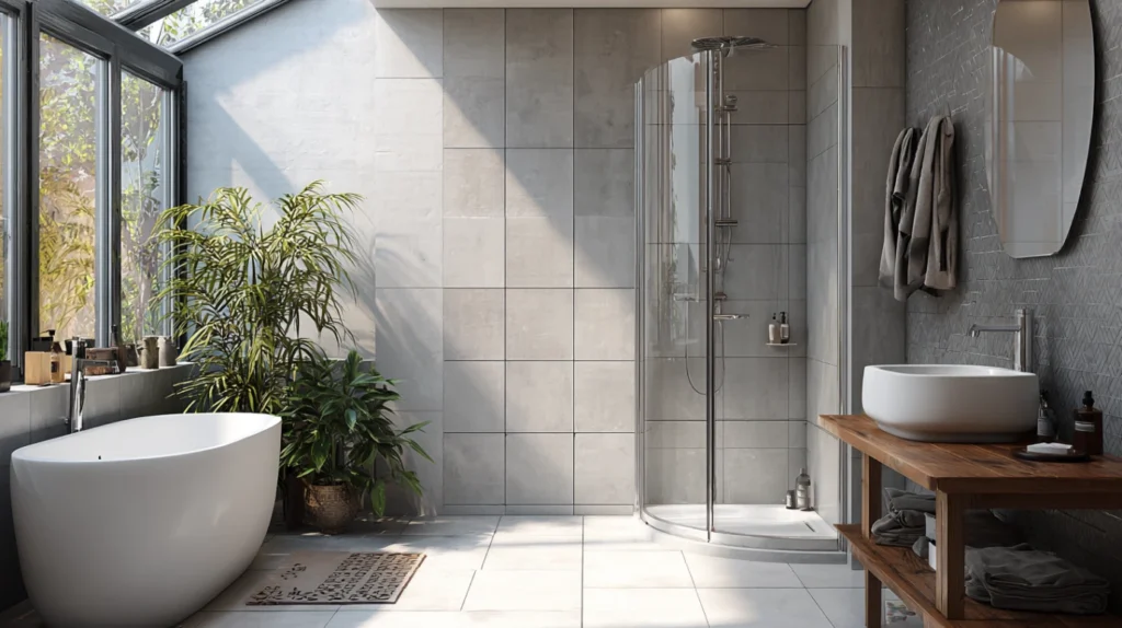 Usponski tus u modernom kupatilu sa tus kabinom