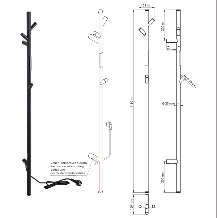 Sušač za peškire 1180mm 30w crni - Slika 2