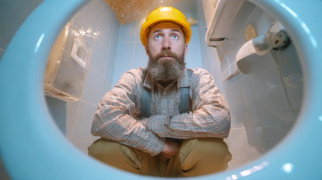 Vodoinstalater razmislja kako da resi problem zacepljene wc solje.