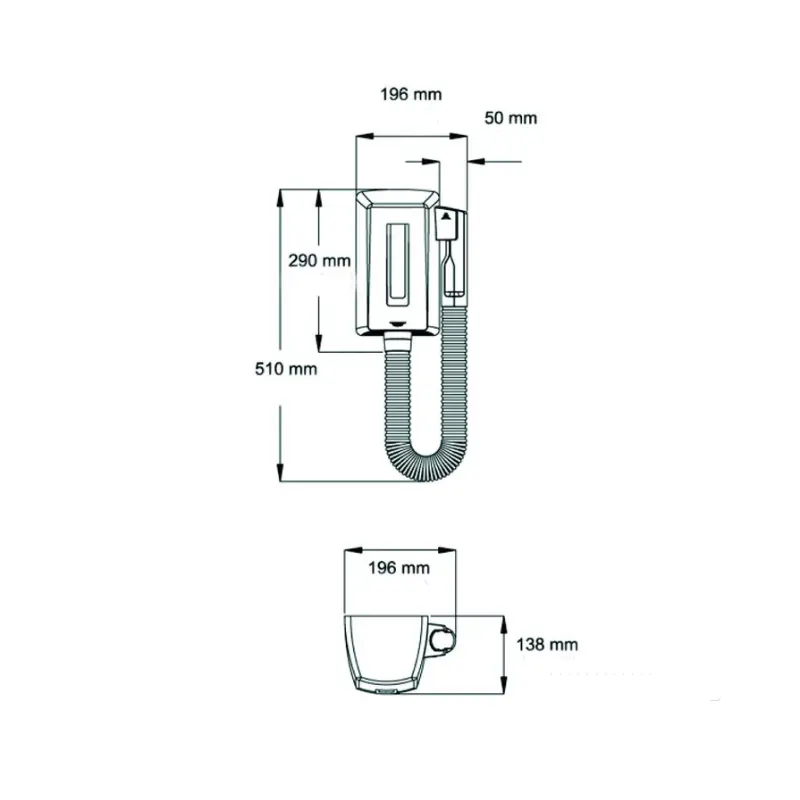 Tehnički prikaz MEDICLINICS Smartflow fena za kosu SC0004, širina 19,65 cm, visina 51 cm, dubina 13,8 cm, snaga 850 W