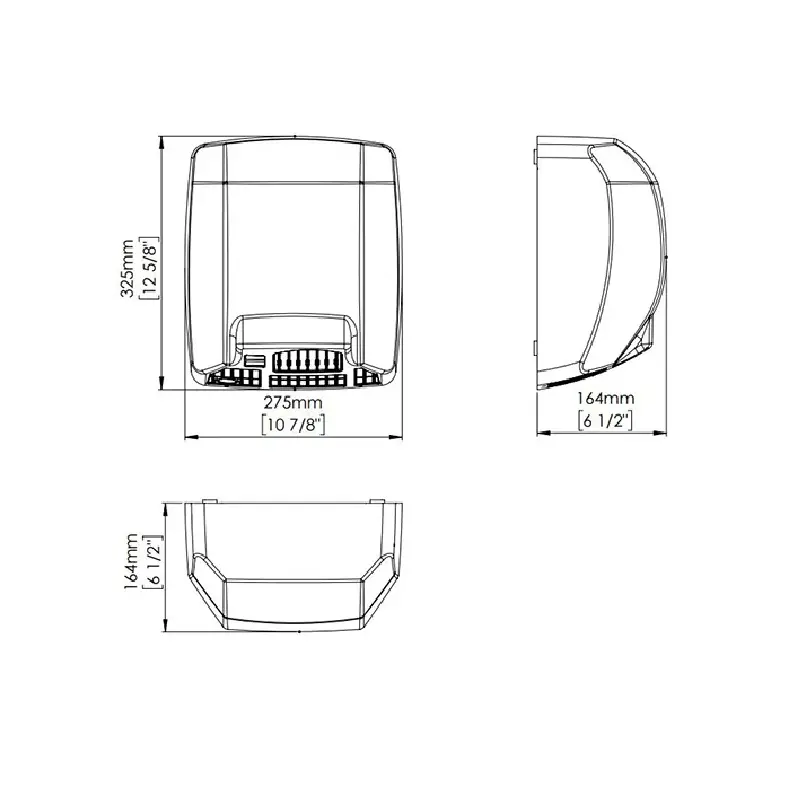 Tehnički prikaz MEDICLINICS Mediflow sušača za ruke M03AC, širina 27,5 cm, visina 32,5 cm, dubina 16,4 cm, snaga 2.750 W