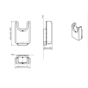 Tehnički prikaz MEDICLINICS U-Flow sušača za ruke M23A, širina 34,4 cm, visina 55,7 cm, dubina 20,2 cm, snaga 420–1.500 W