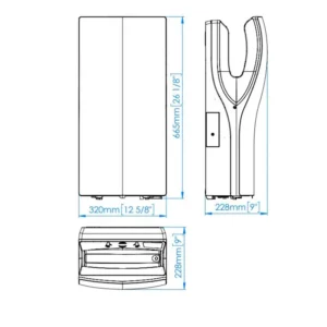 Tehnički prikaz MEDICLINICS Dualflow Plus sušača za ruke M24ACS, širina 32 cm, visina 66,5 cm, dubina 22,8 cm, snaga 250–1.100 W